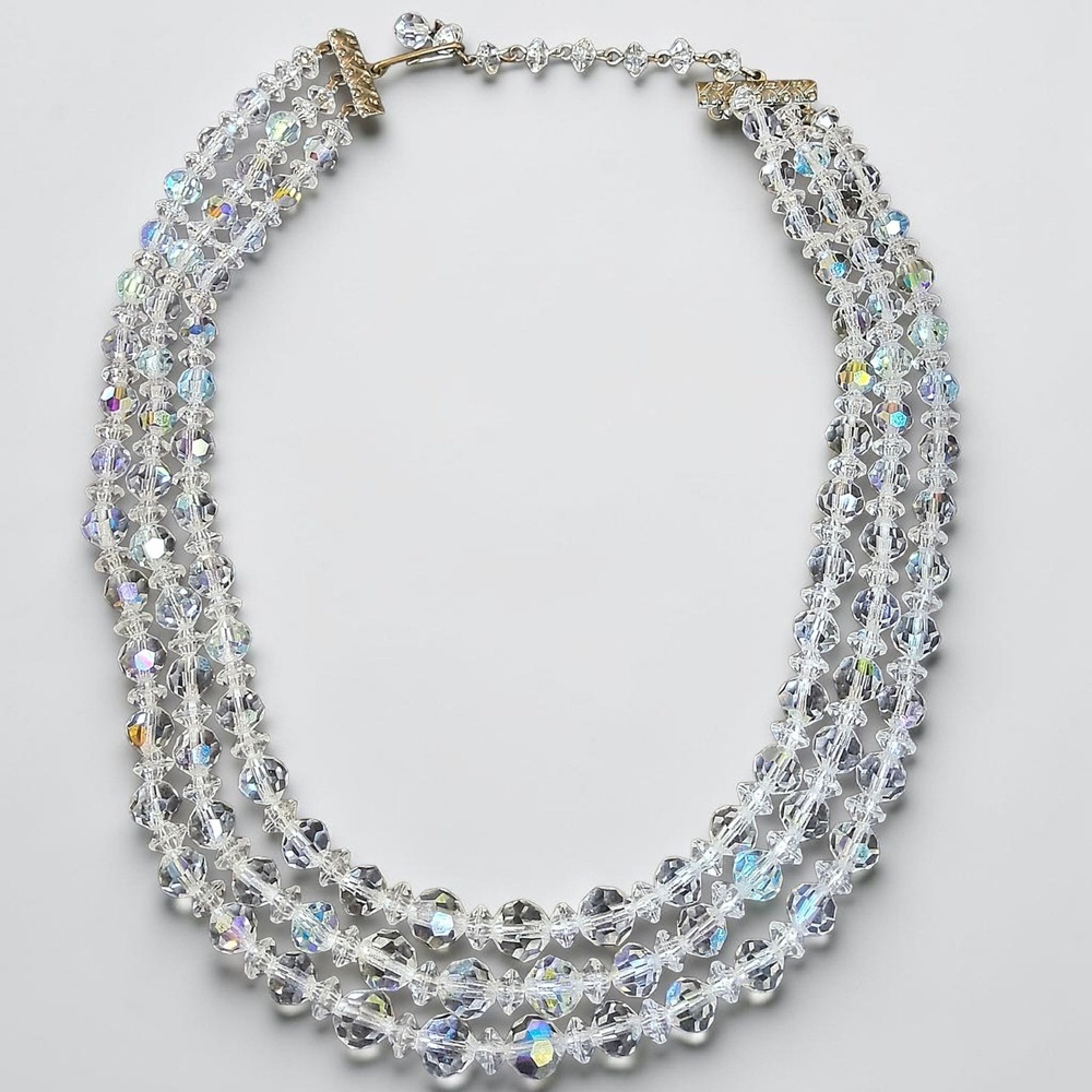 Vintage 3 Strand Aurora Borealis Crystal Choker Necklace Glam Coquette Bridal